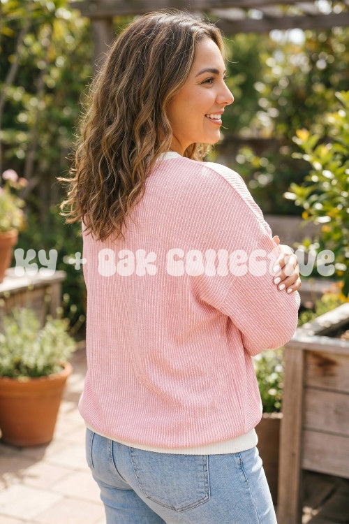 Pink + White Urban Rib Long Sleeve Top
