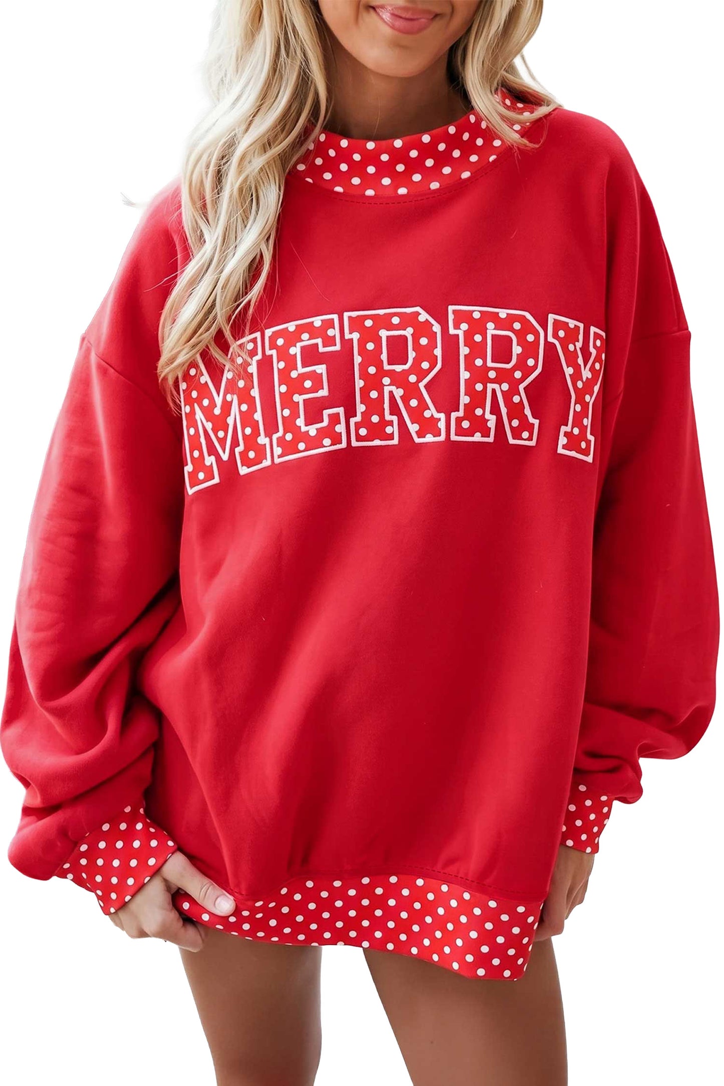Polka Dot Letter Print Contrast Trim Mock Neck Sweatshirt