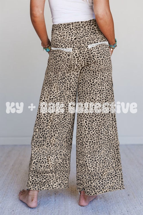 Khaki Animal Print Wide Leg Terry Knit Pants
