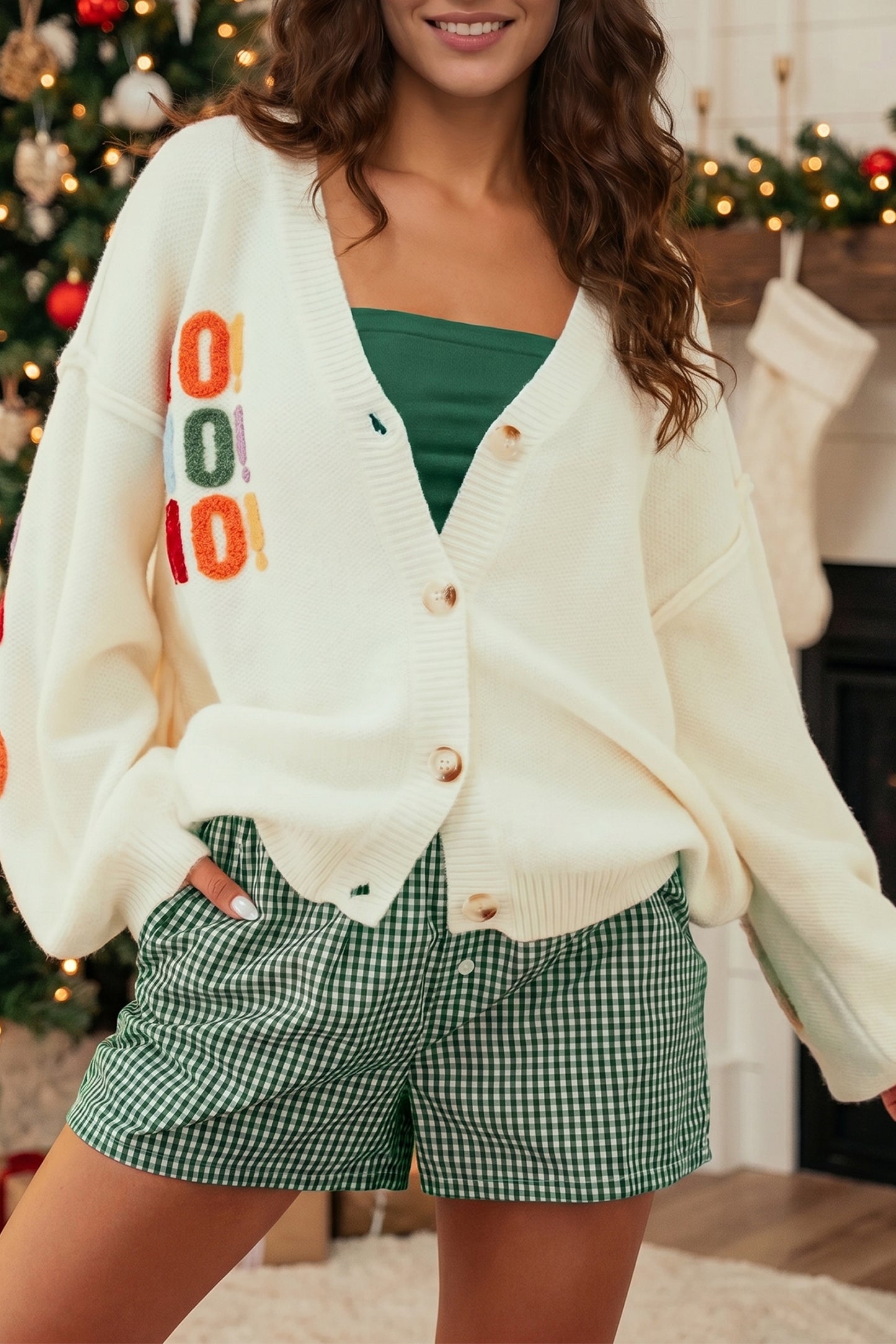 White Ho Ho Ho Button Front Embroidered Knit Cardigan