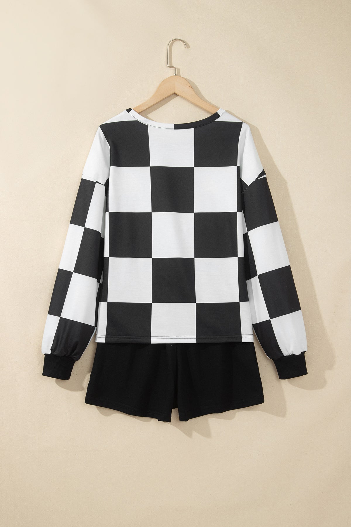 Checkered Long Sleeve Solid Color Shorts Set