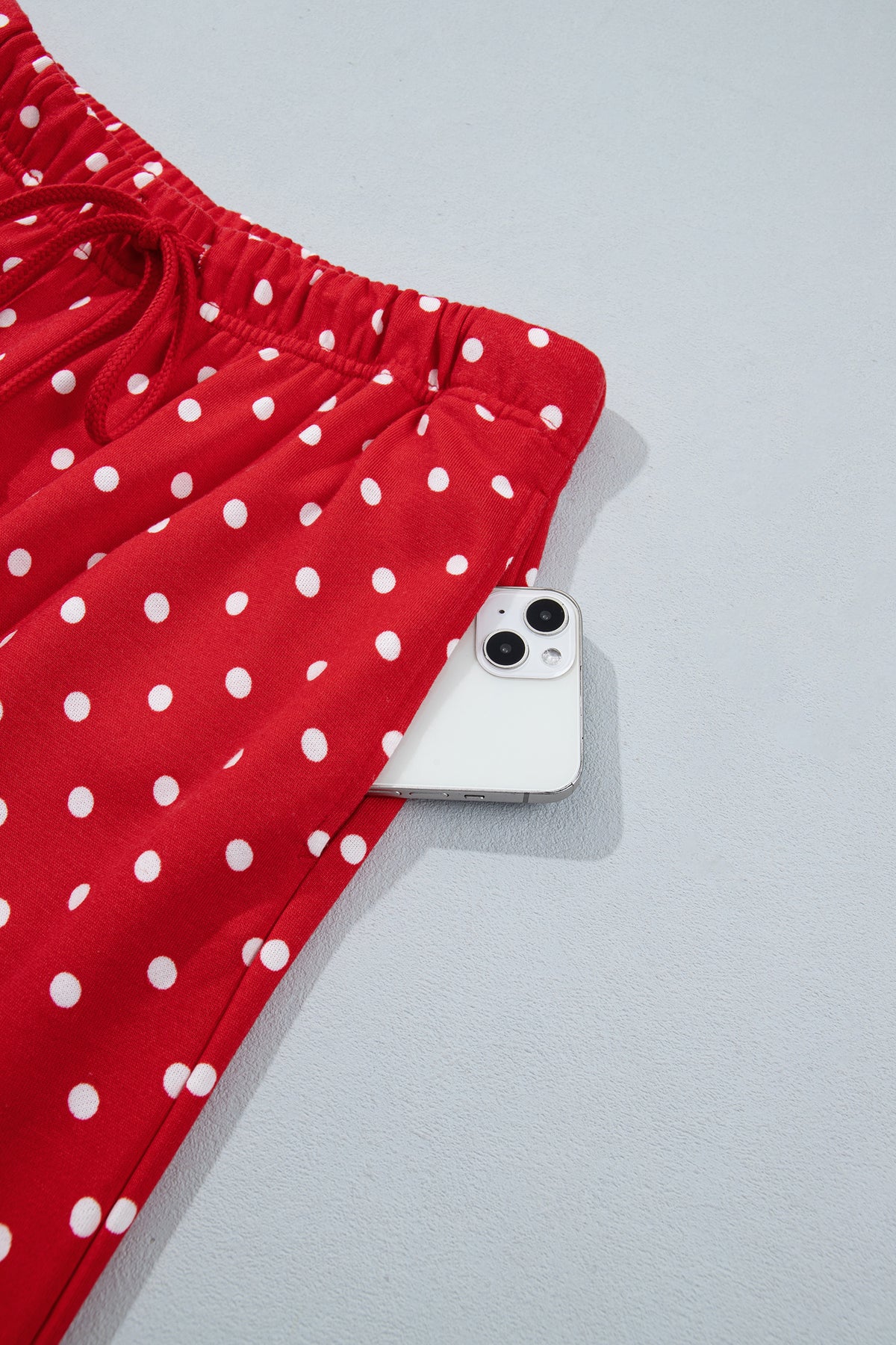 Polka Dot Drawstring Wide Leg Long Sleeve Top Pant Set