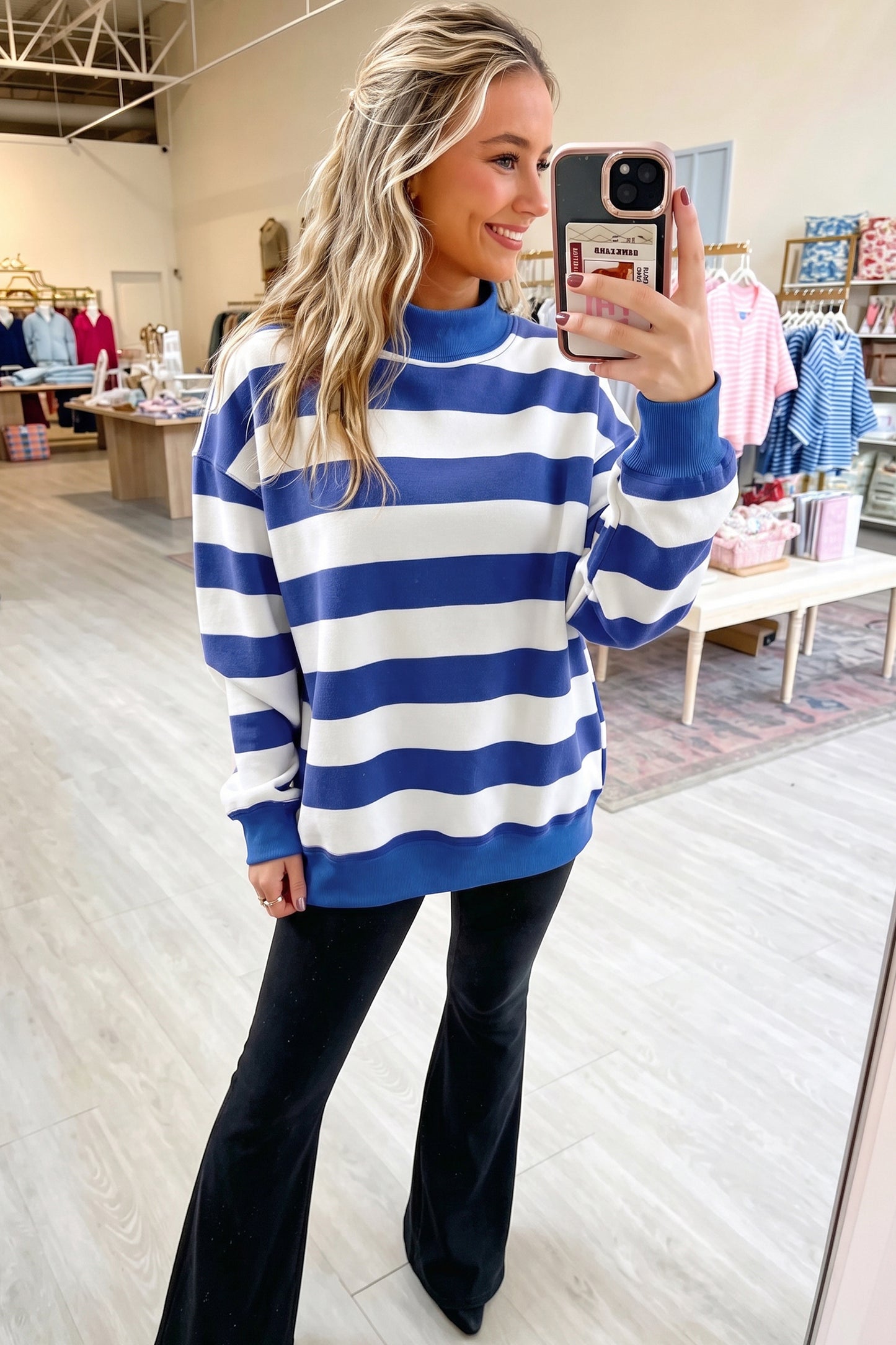 Blue Stripe Colorblock Mock Neck Relaxed Sweatshirt