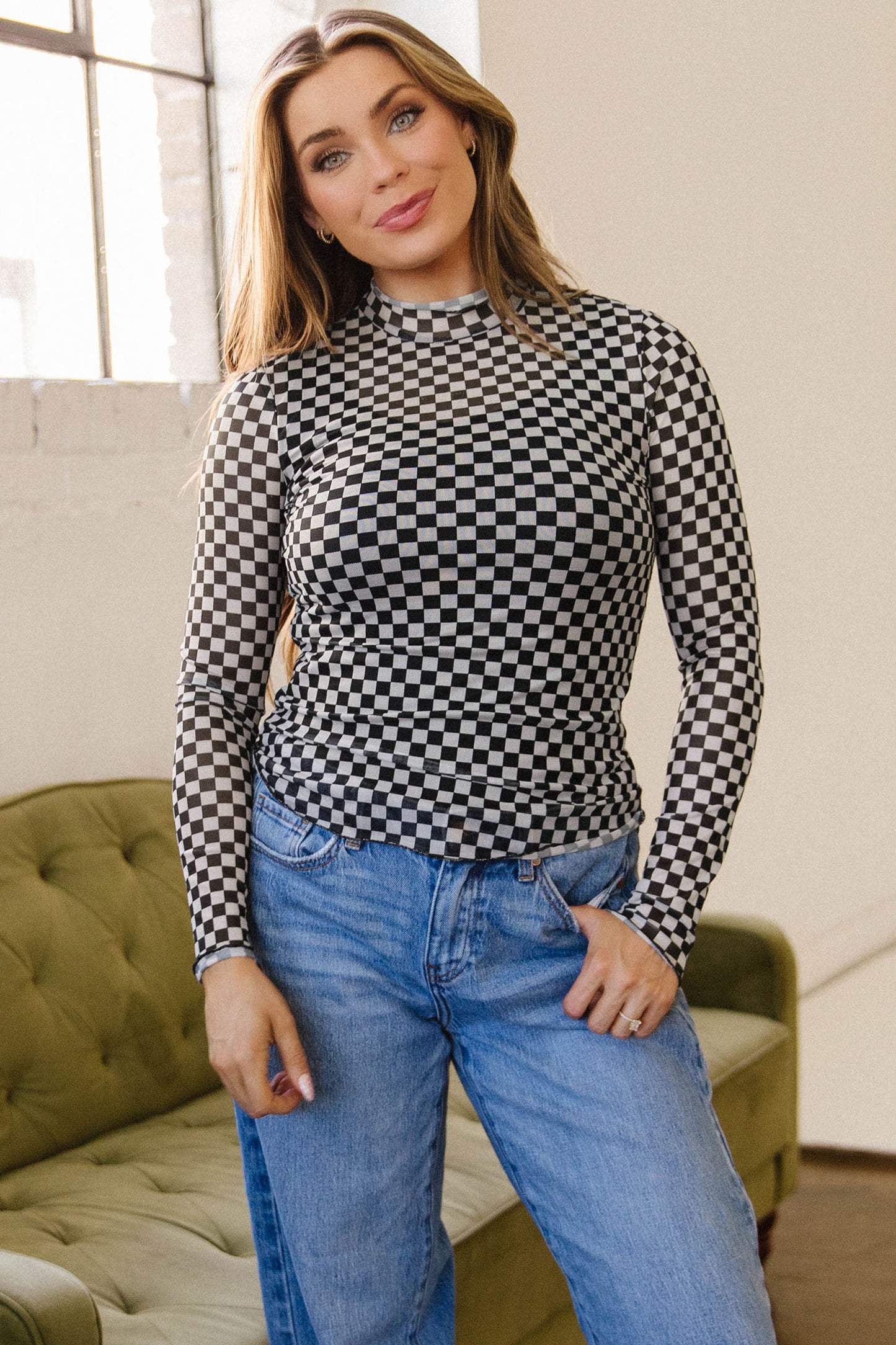 Black Plaid Long Sleeve Mesh Top