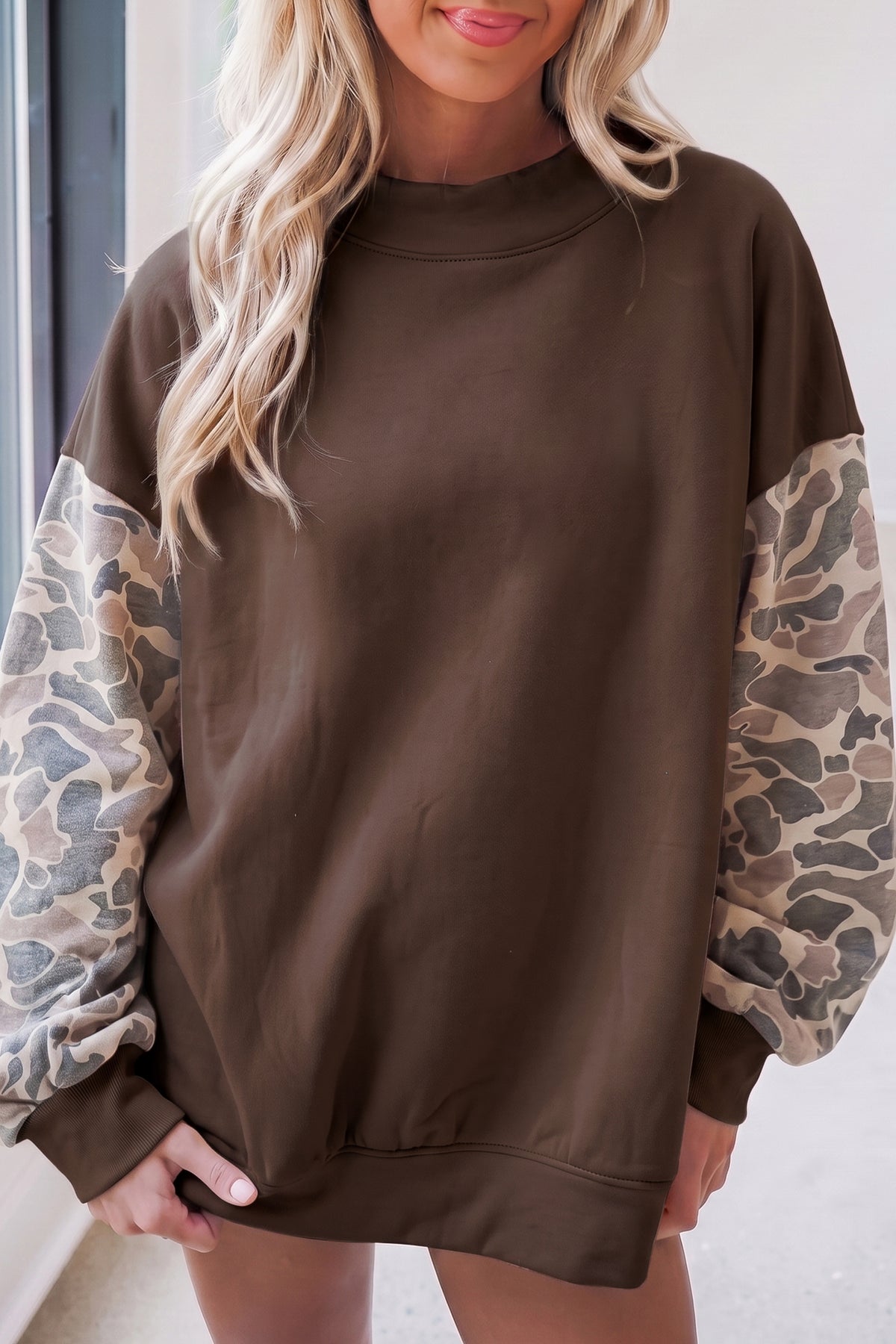 Camouflage Sleeve Baggy Pullover Sweatshirt