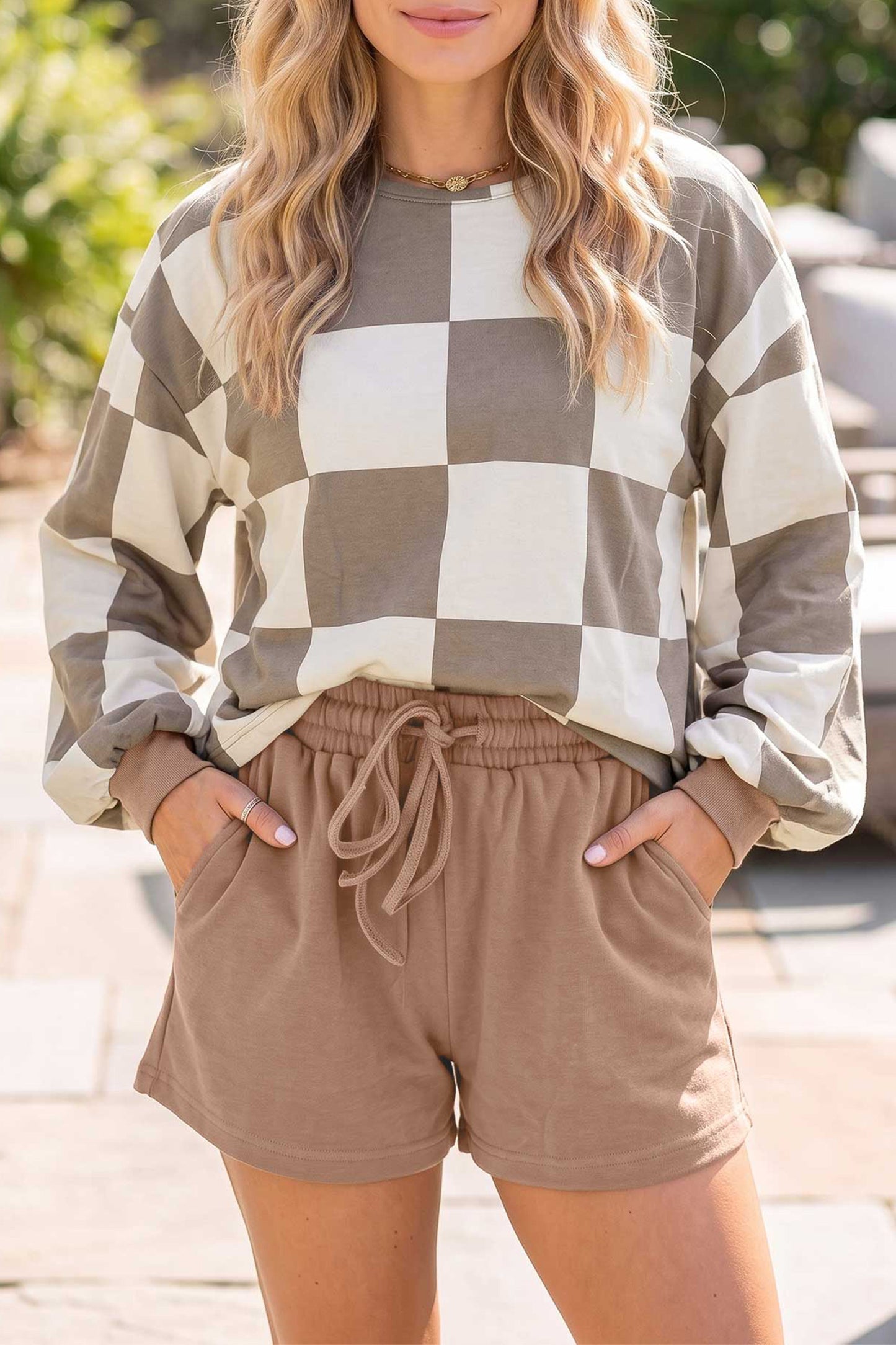 Checkered Long Sleeve Solid Color Shorts Set