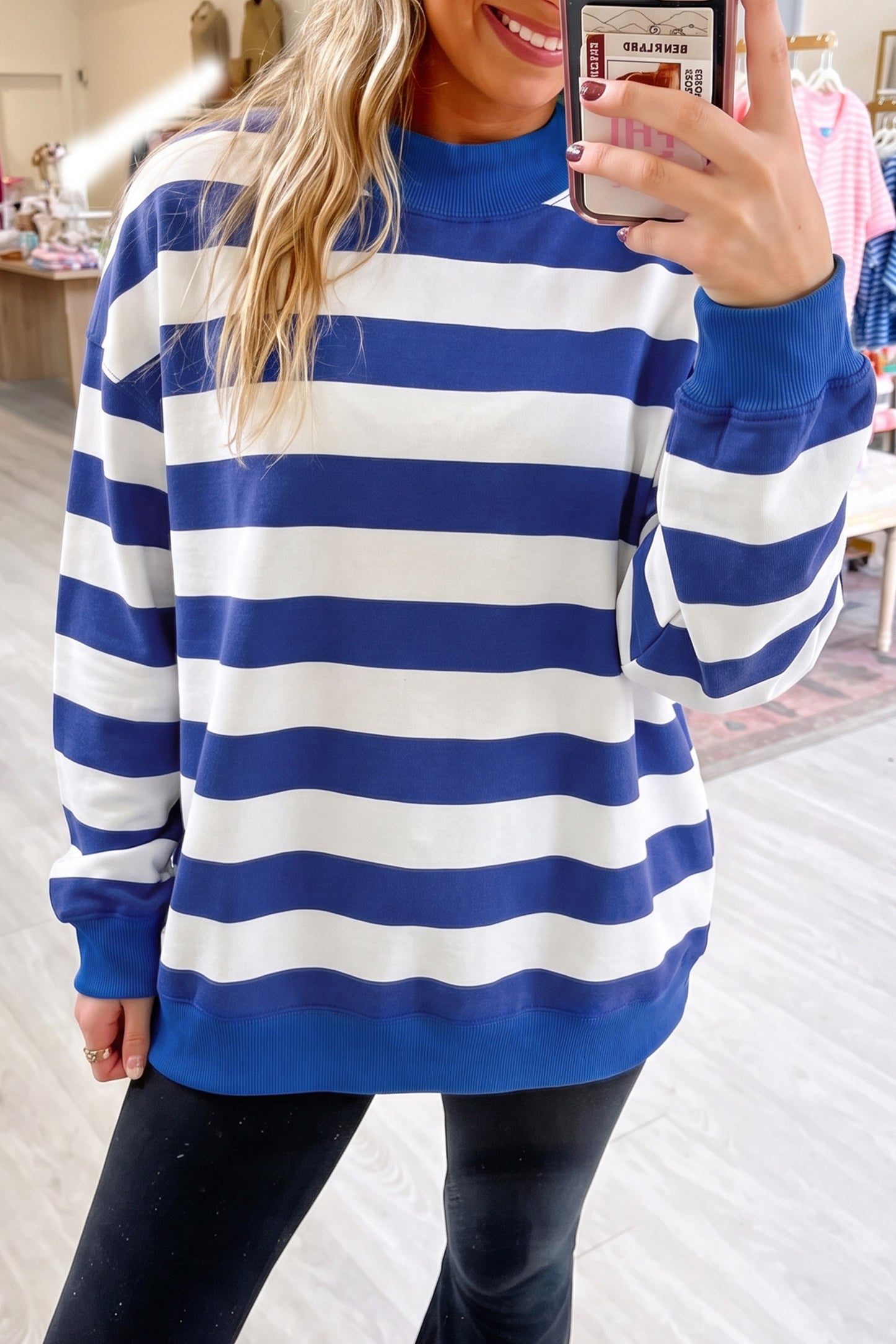 Blue Stripe Colorblock Mock Neck Relaxed Sweatshirt