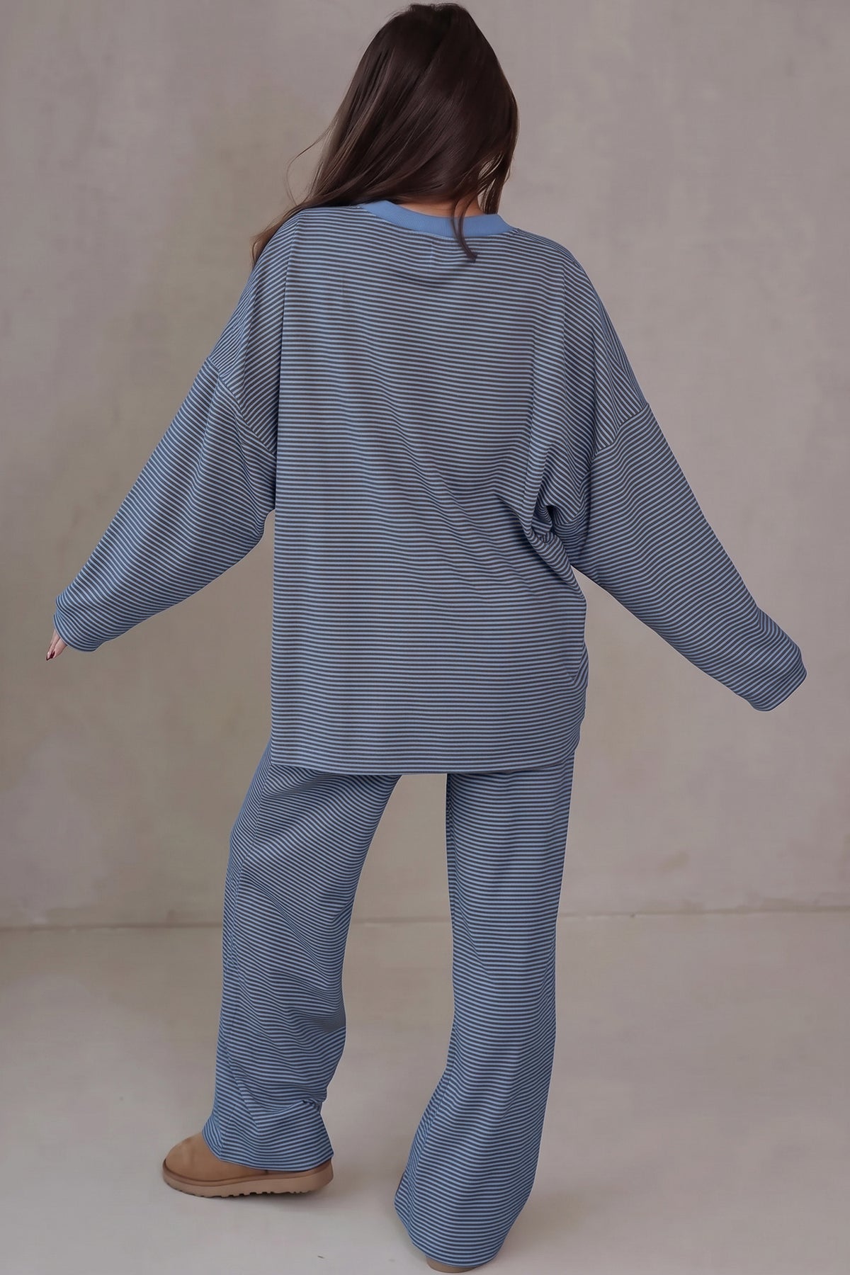 Stripe Contrast Trim Round Neck Oversize Long Sleeve Set