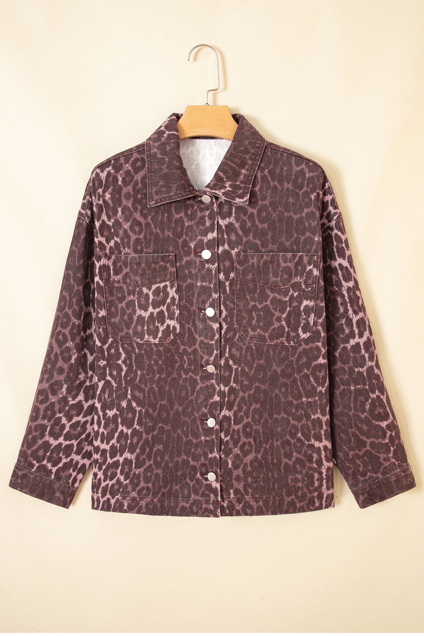 Oversized Leopard Print Long Sleeve Patch Pocket Denim Jacket