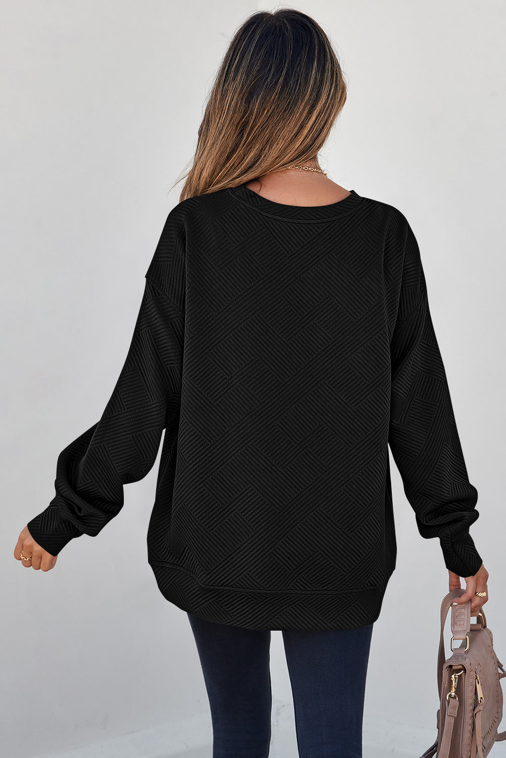 Solid Color Textured Round Neck Drop Shoulder Sweatshirt