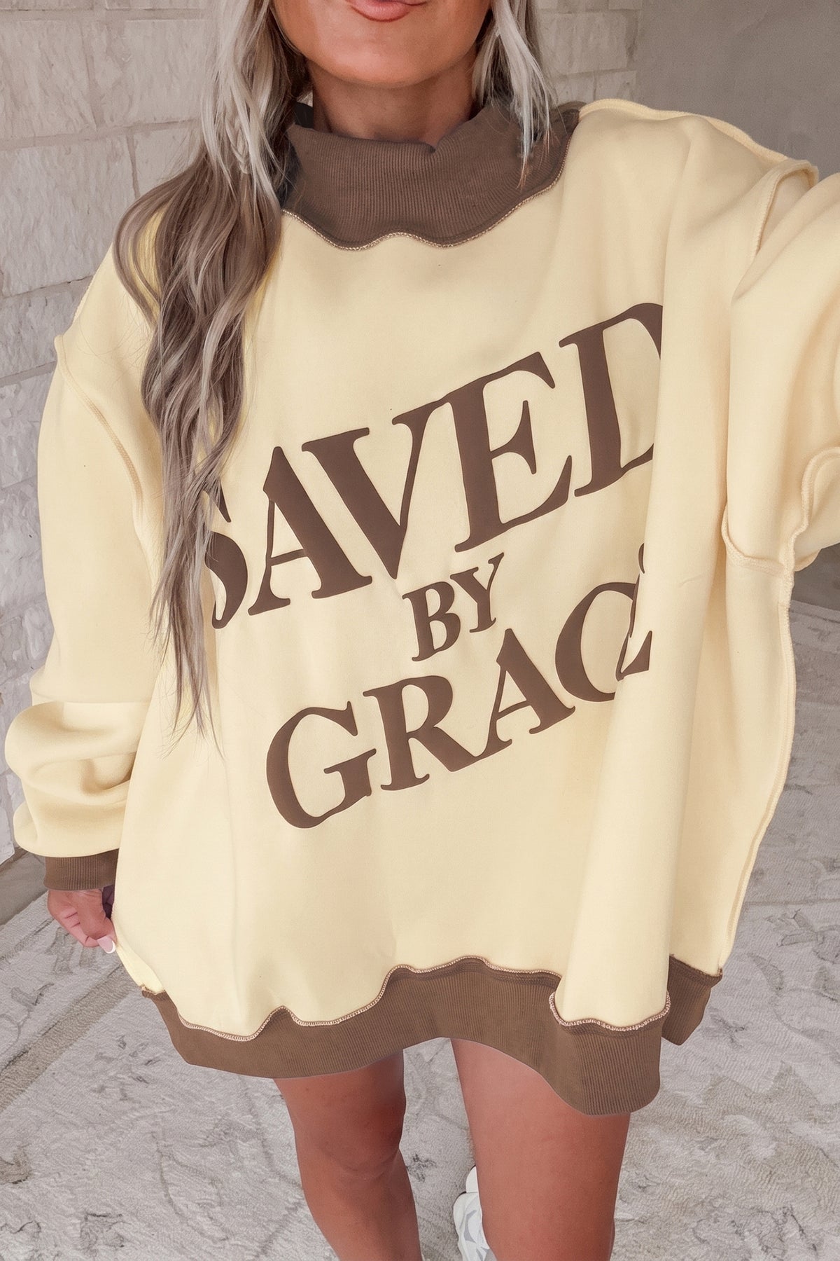 Saved By Grace Print Color Block Mock Neck Oversized Sweatshirt
