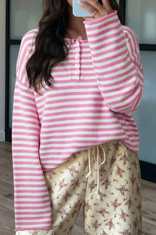 Pink Stripe Striped Button Placket Drop Shoulder Long Sleeve Sweater