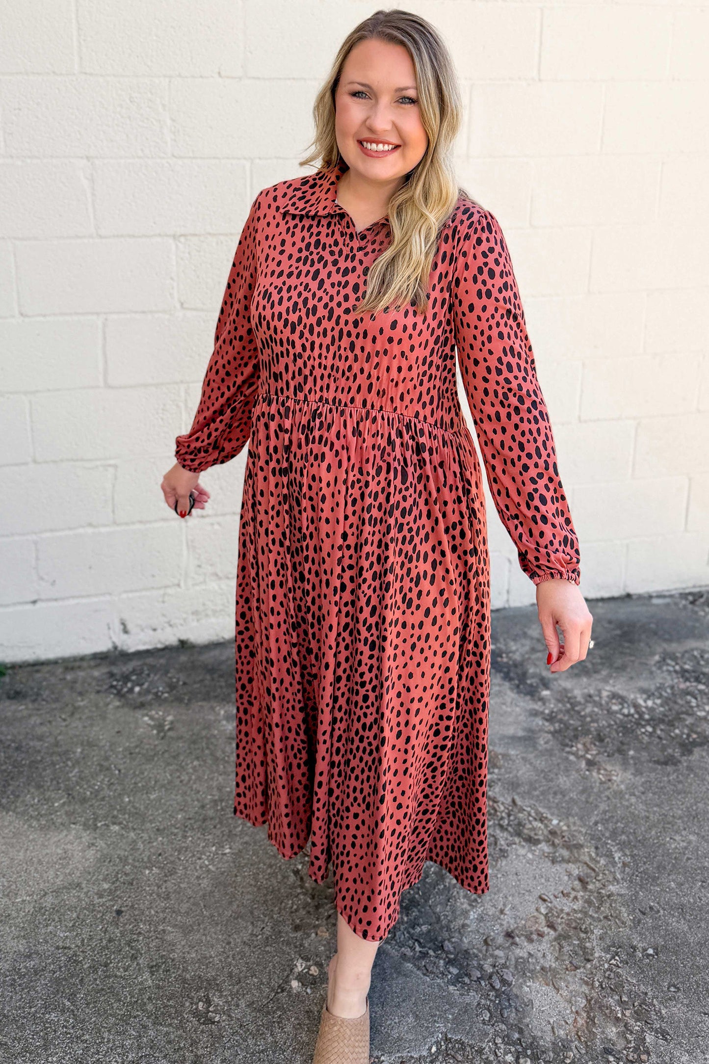 Red Leopard Print Long Sleeve V Neck Midi Dress
