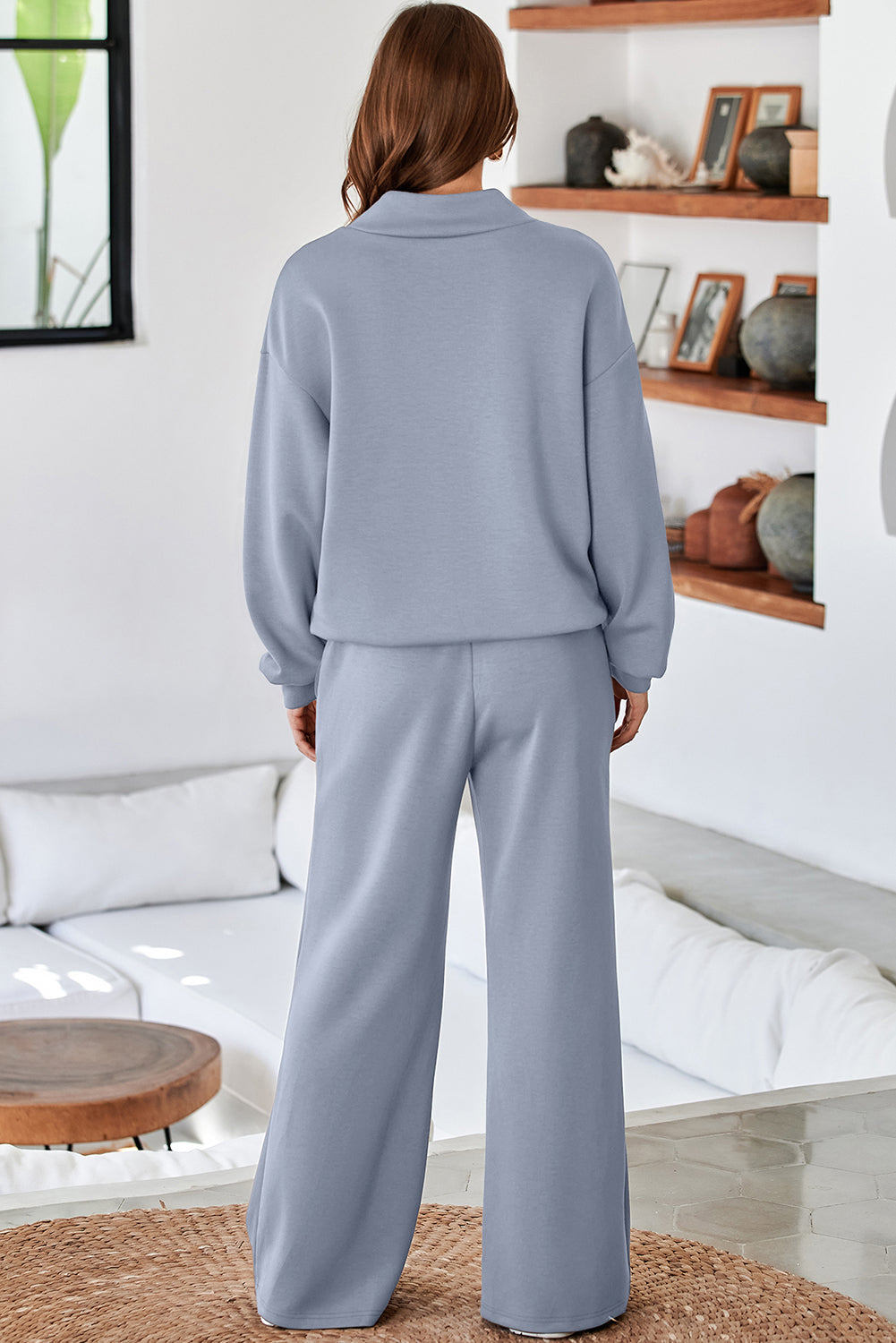 Solid Color Cowl Neck Drawstring Pullover Wide Leg Athleisure Pants Set