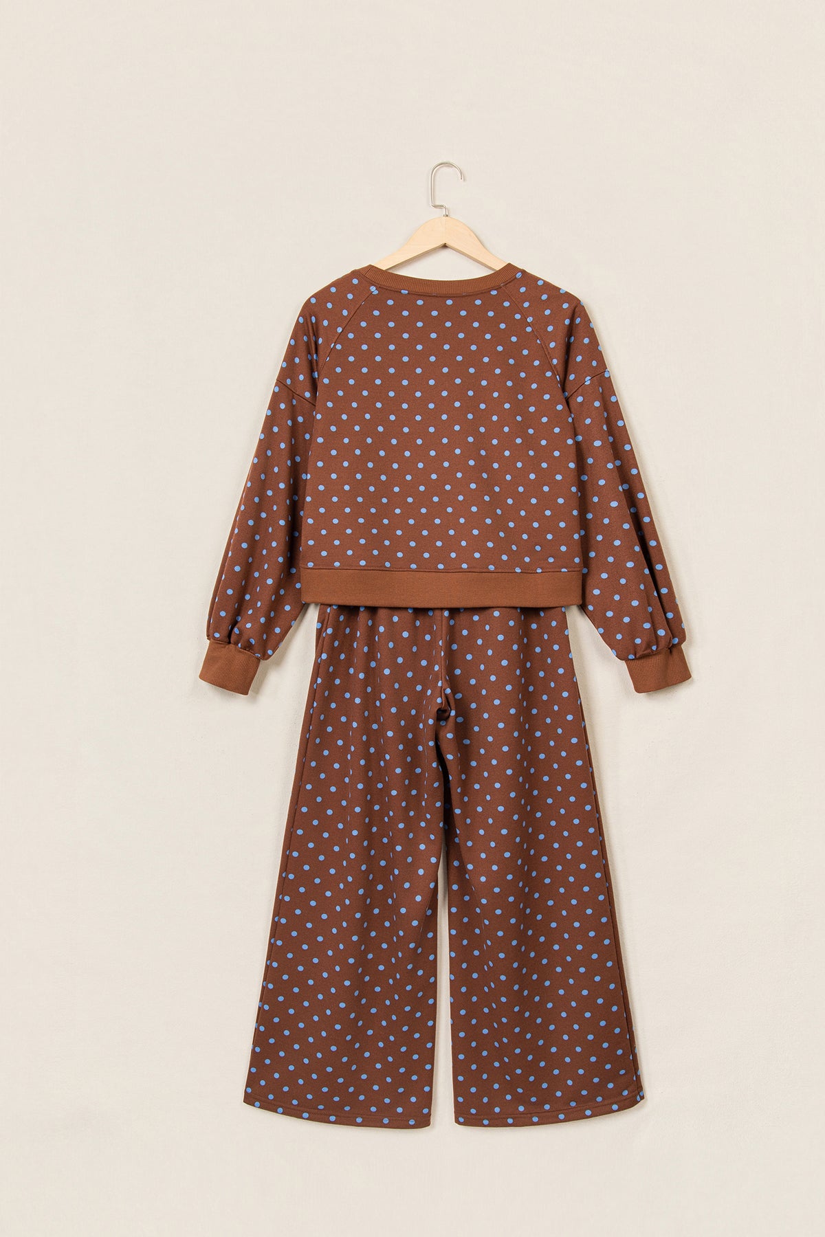 Polka Dot Drawstring Wide Leg Long Sleeve Top Pant Set