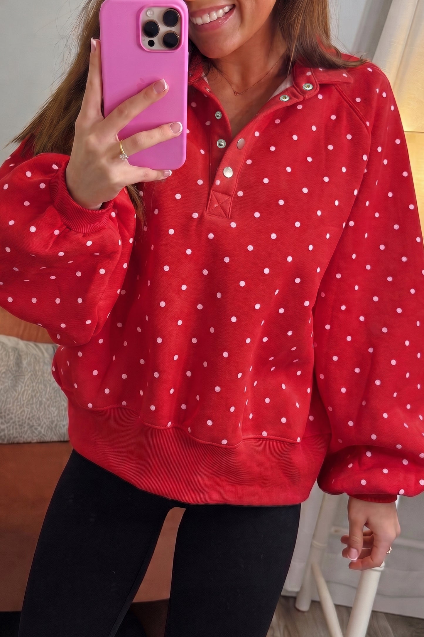 Polka Dot Print Metal Button Collar Casual Pullover