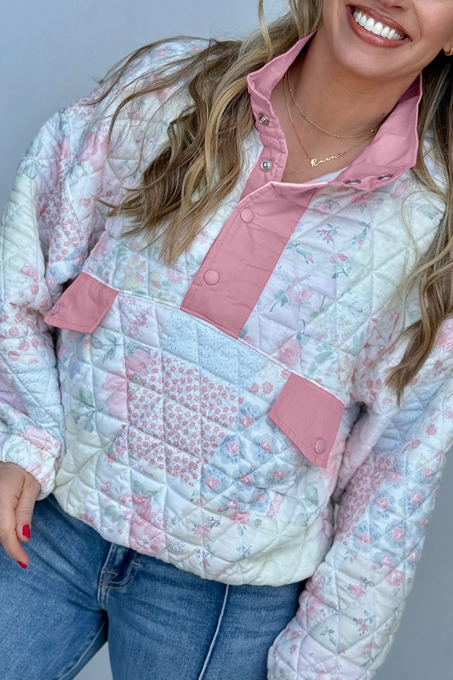 Pink Floral Quilted V-Neck Plus Size Sweatshirt