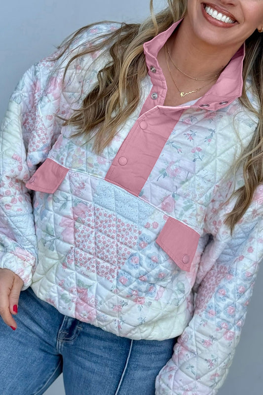 Pink Floral Quilted V-Neck Plus Size Sweatshirt