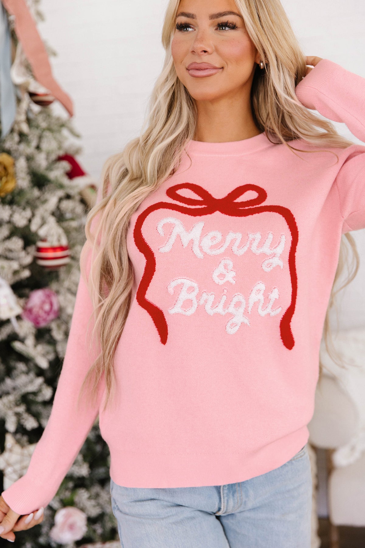 Pink Drop Shoulder Embroidery Sweater