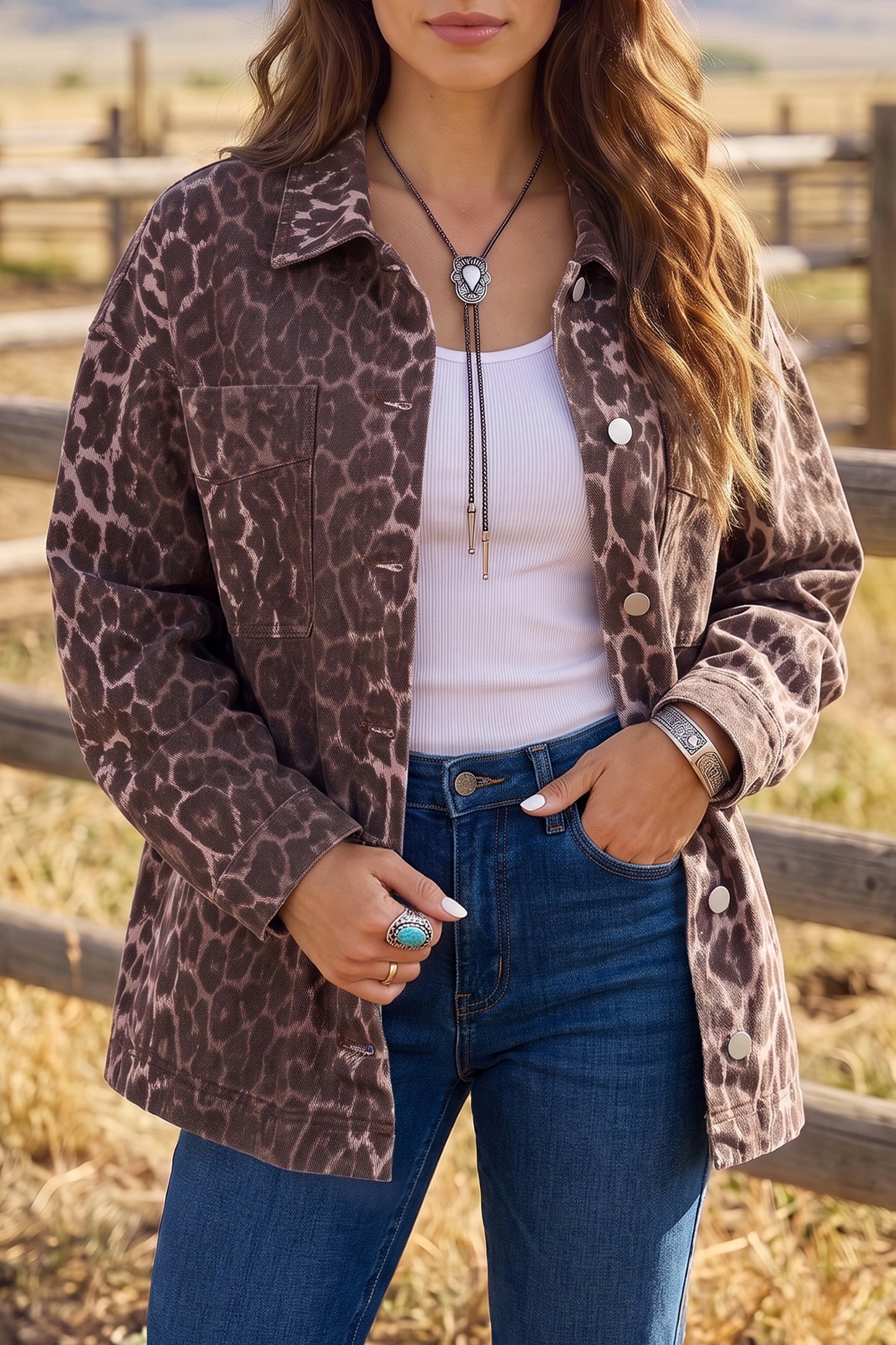 Oversized Leopard Print Long Sleeve Patch Pocket Denim Jacket