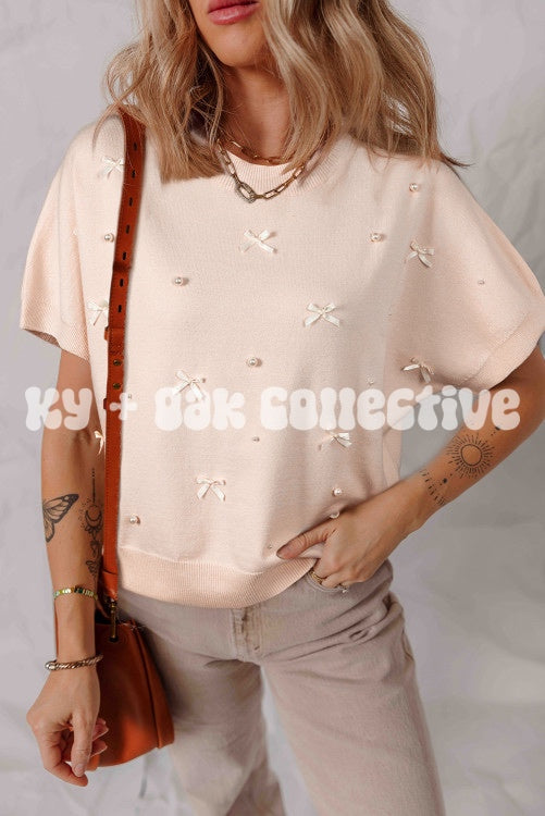Oatmeal Pearl Bow Embellished Short Sleeve Sweater Top