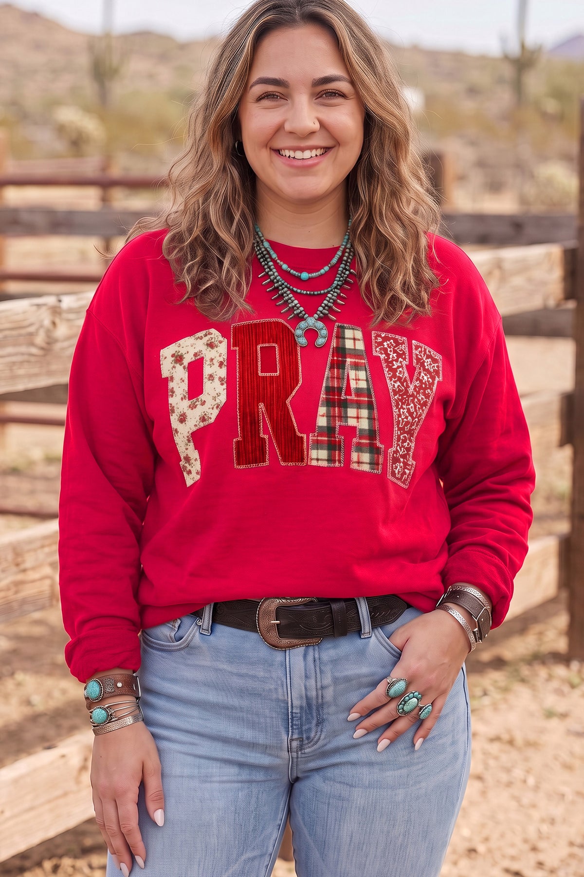 PRAY Letter Patchwork Round Neck Long Sleeve Plus Size Sweatshirt
