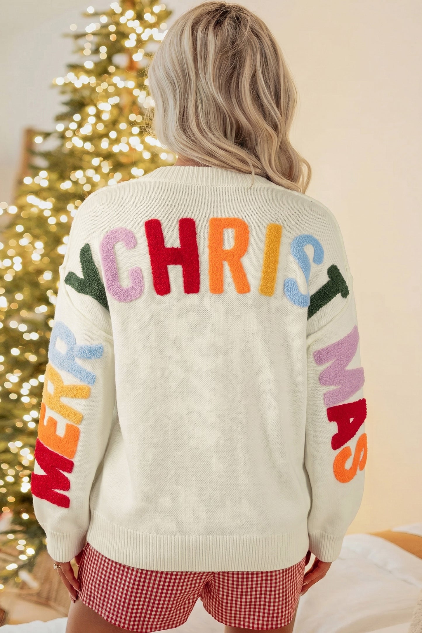 White Ho Ho Ho Button Front Embroidered Knit Cardigan