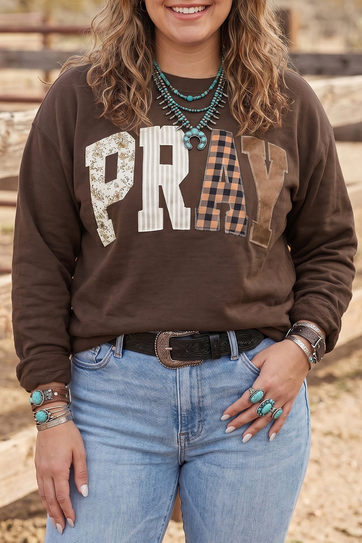 PRAY Letter Patchwork Round Neck Long Sleeve Plus Size Sweatshirt