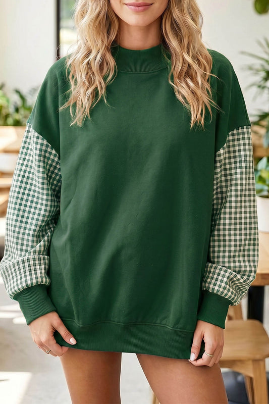 Plaid Sleeve Colorblock Loose Sweatshirt