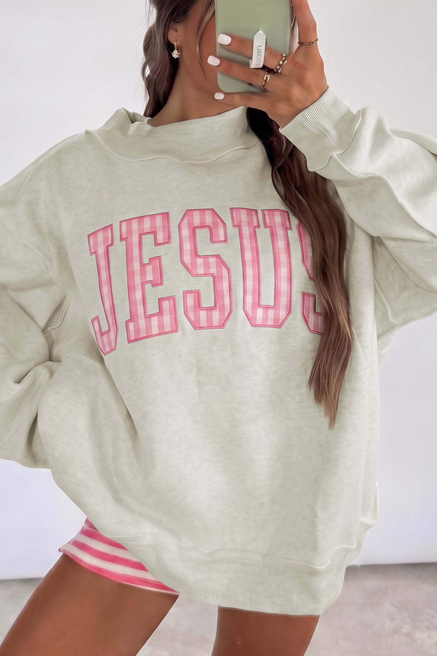 Gray High Neck Polka Dot Baggy Sweatshirt