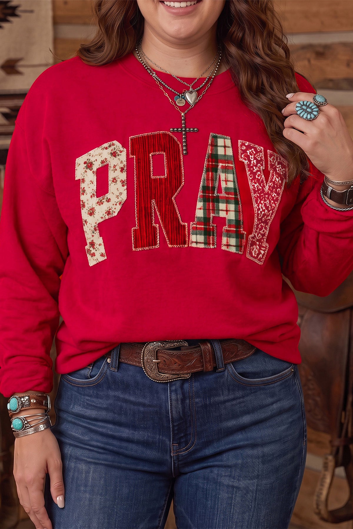 PRAY Letter Patchwork Round Neck Long Sleeve Plus Size Sweatshirt