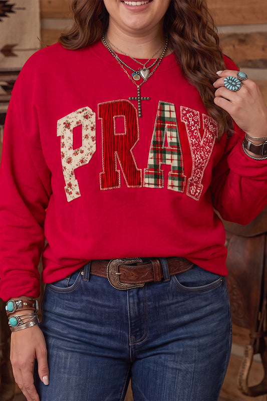 PRAY Letter Patchwork Round Neck Long Sleeve Plus Size Sweatshirt