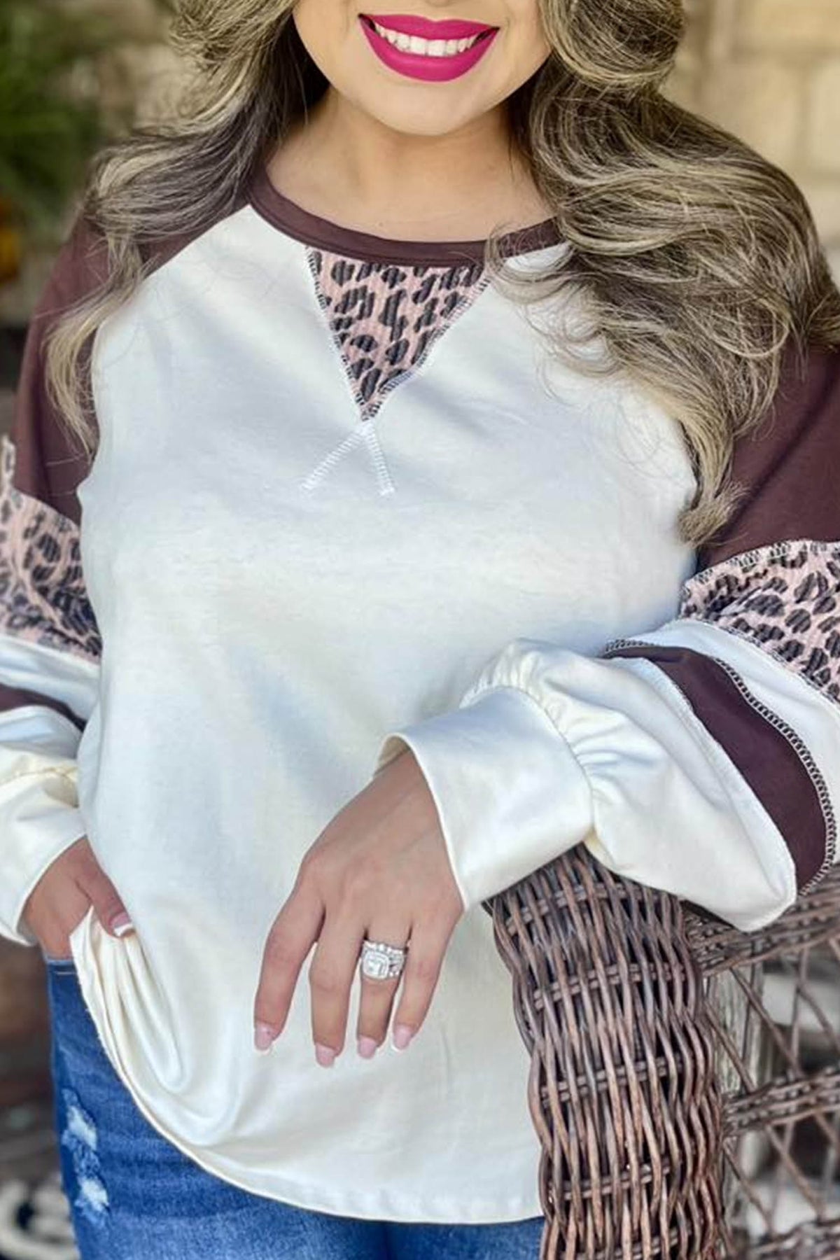 Beige Leopard Print Colorblock Round Neck Long Sleeve Top