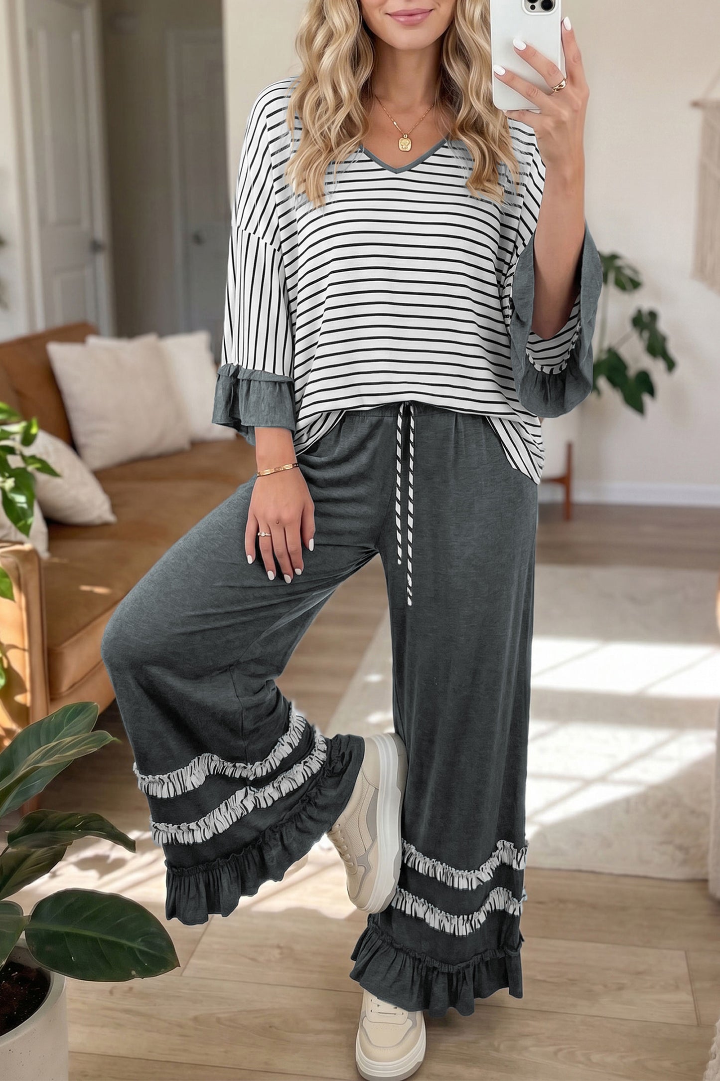 Striped V Neck Ruffle Contrast Sleeve Top Drawstring Pants Set