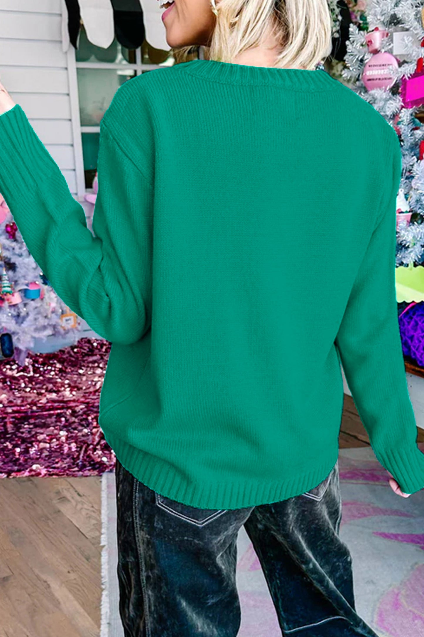 Merry Print Ribbed Trim Round Neck Loose Fit Sweater