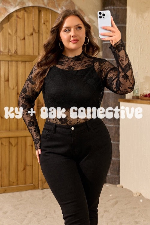 Floral Mesh Mock Neck Long Sleeve Top - Multiple Colors