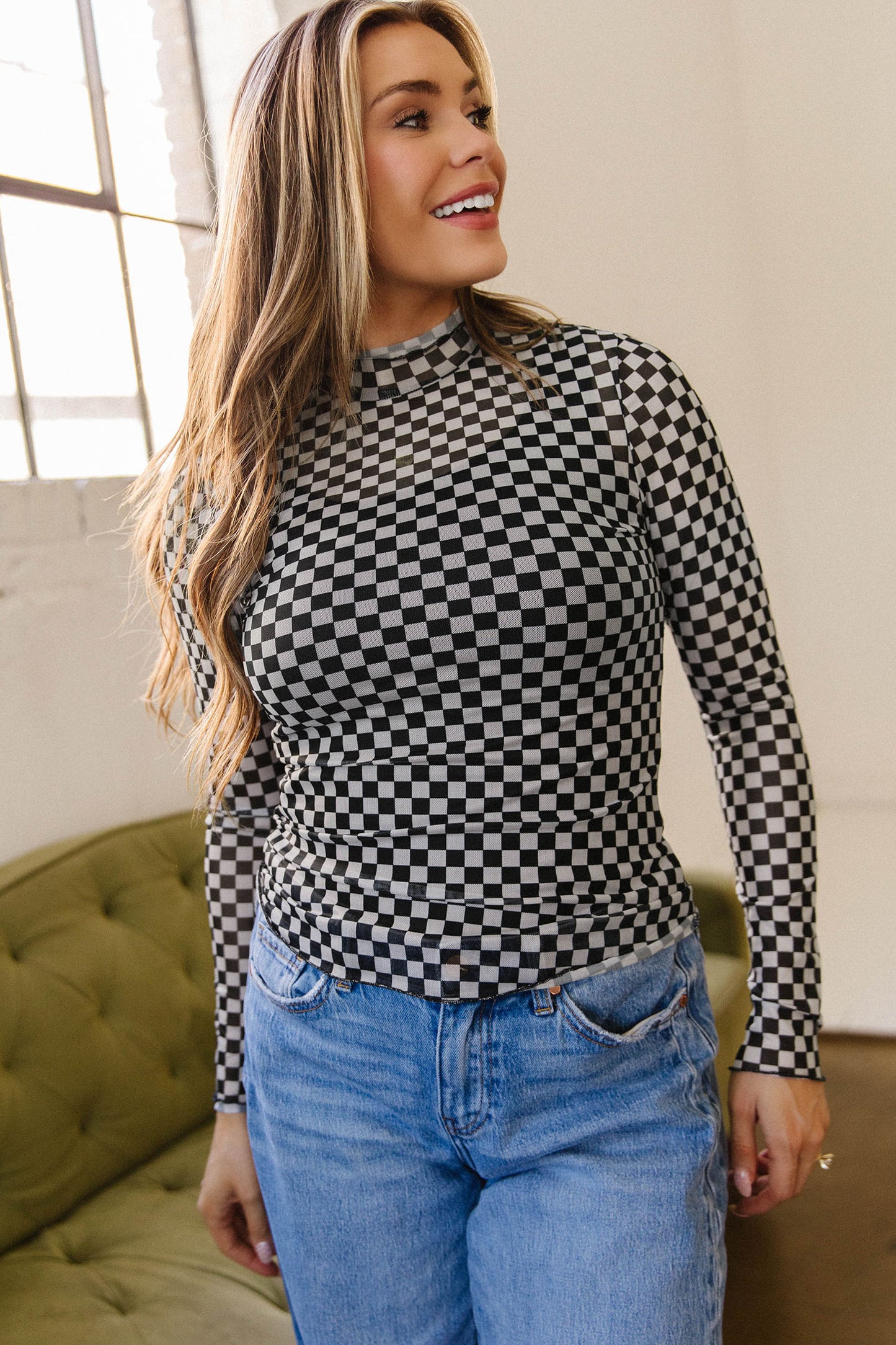 Black Plaid Long Sleeve Mesh Top