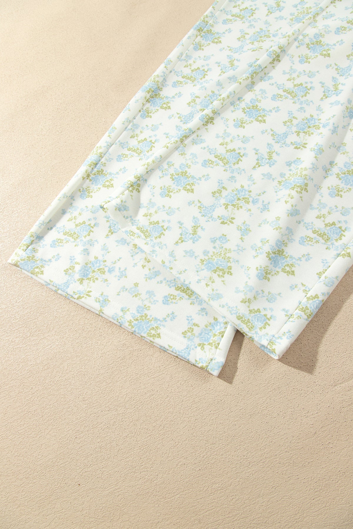 Sky Blue Floral Print Long Sleeve Top Drawstring Wide Leg Pants Set