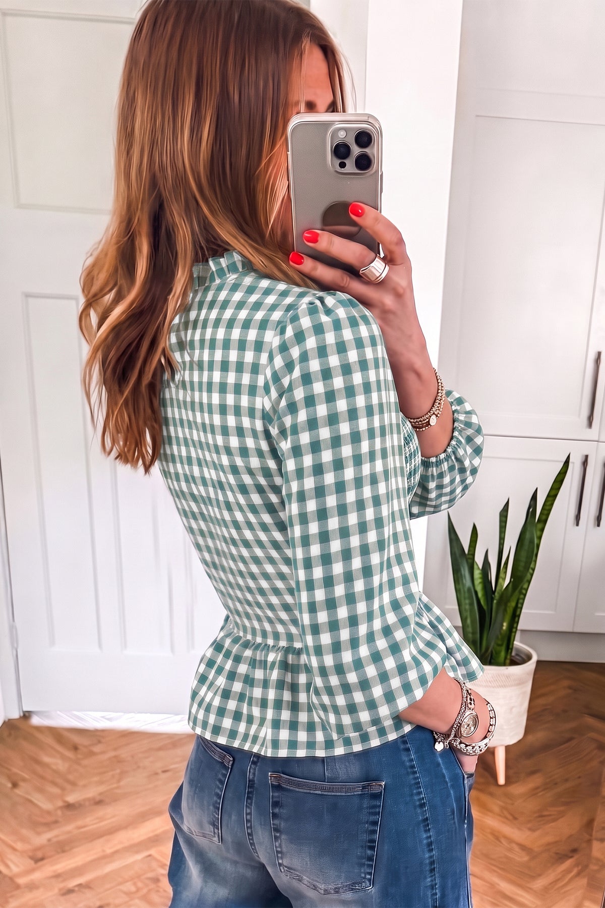 Shirred Plaid Peplum Top