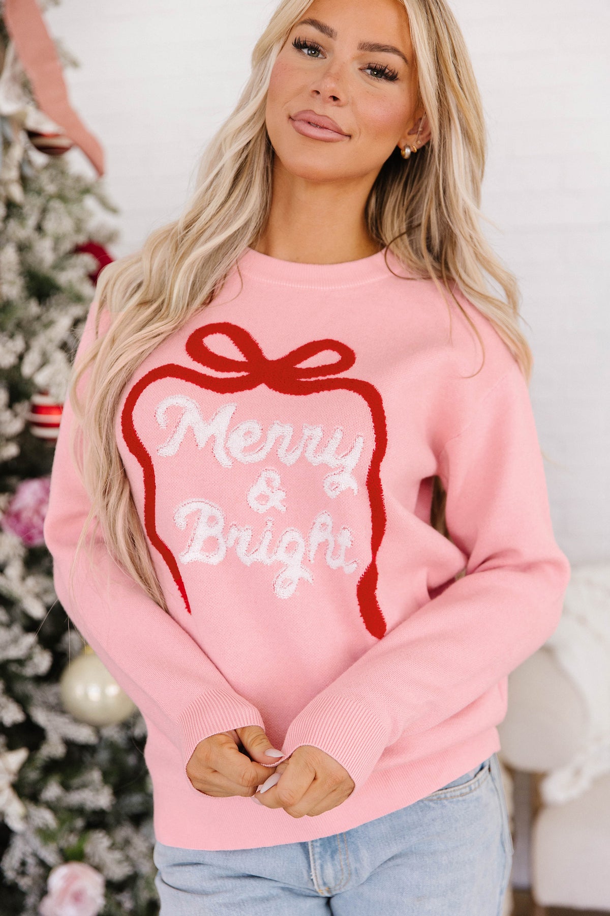 Pink Drop Shoulder Embroidery Sweater