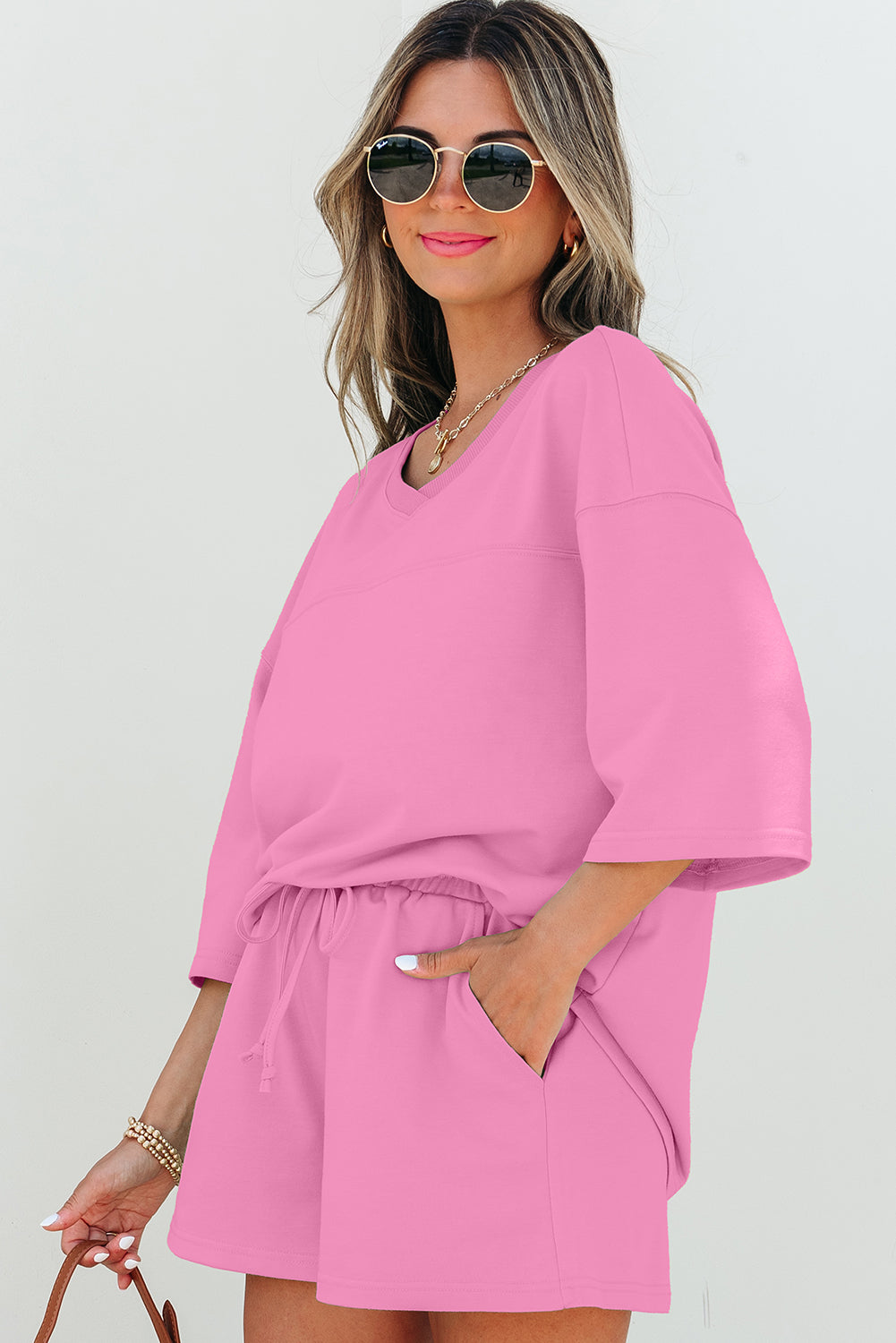 Solid Color Loose V Neck Half Sleeve Tee and Shorts