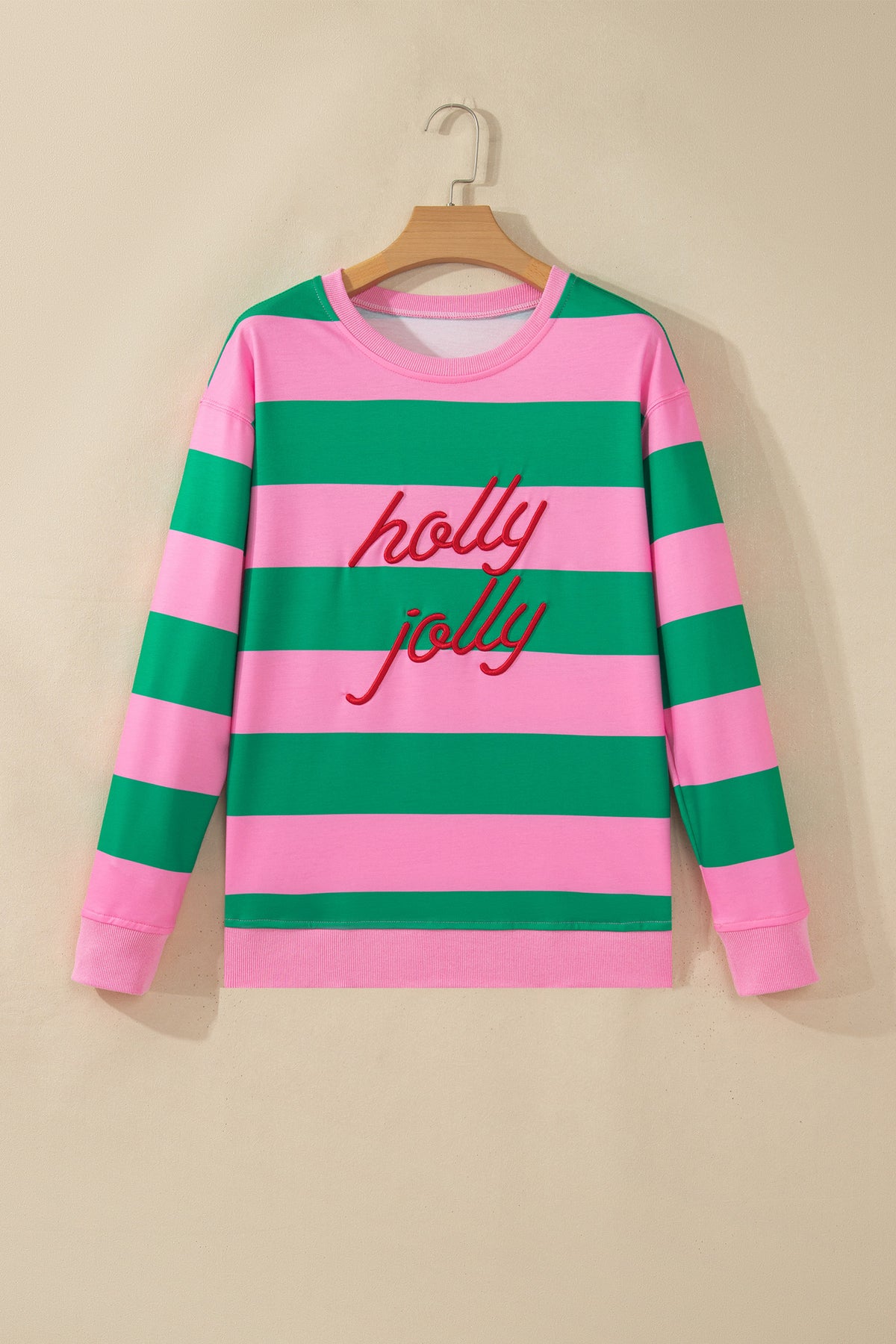 Striped Holly Jolly Embroidered Pullover Sweatshirt