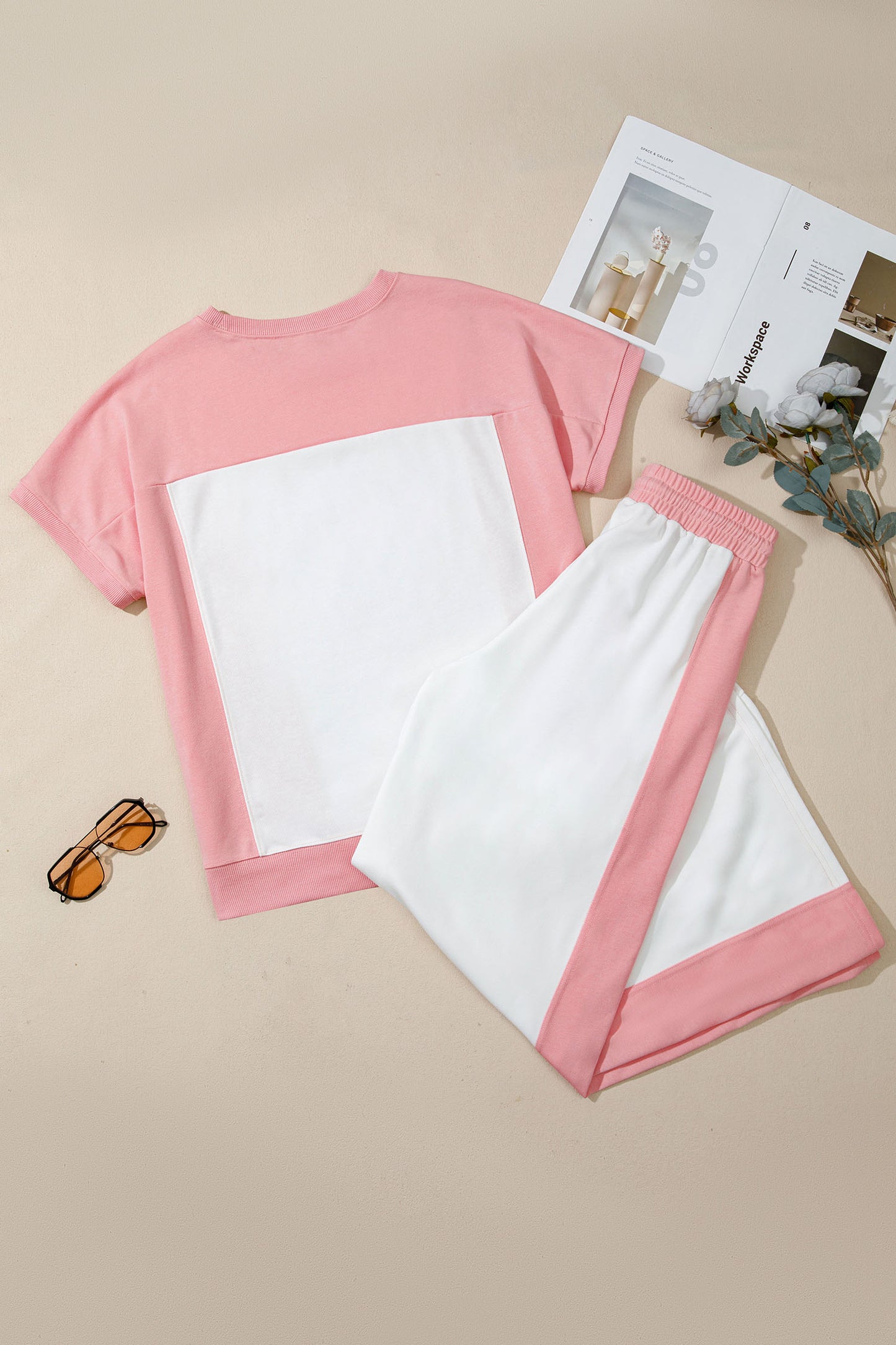 White Two-tone Color Block Patchwork Tee Drawstring Loose Pant Set