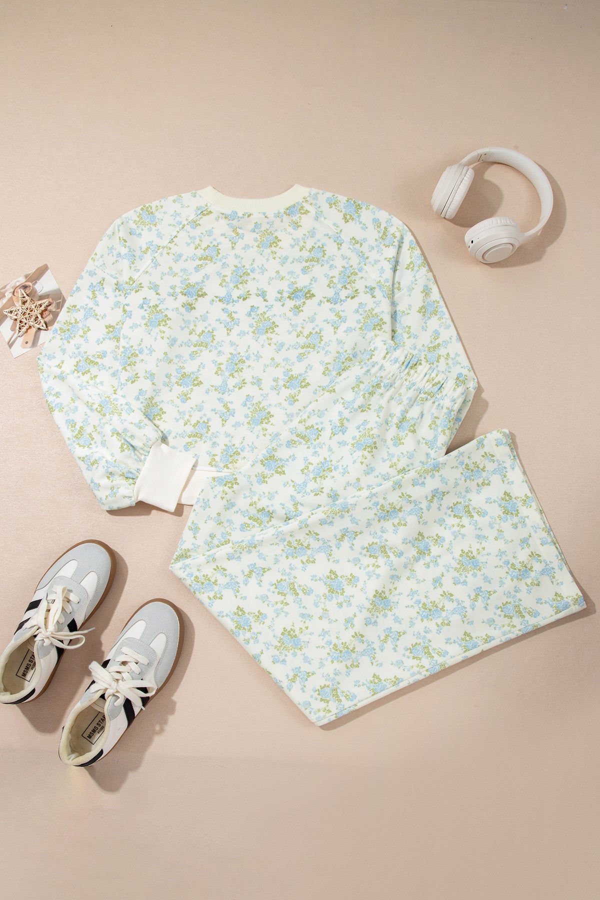 Sky Blue Floral Print Long Sleeve Top Drawstring Wide Leg Pants Set