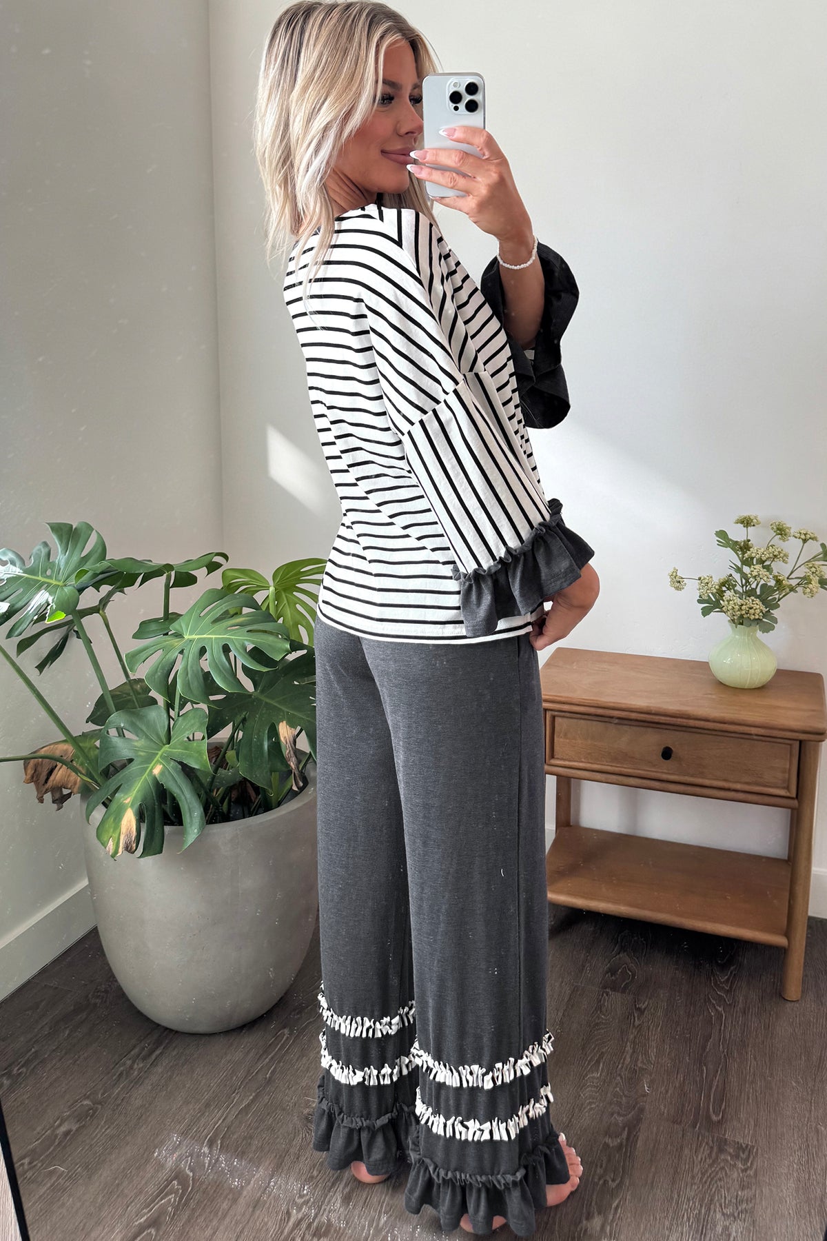 Striped V Neck Ruffle Contrast Sleeve Top Drawstring Pants Set