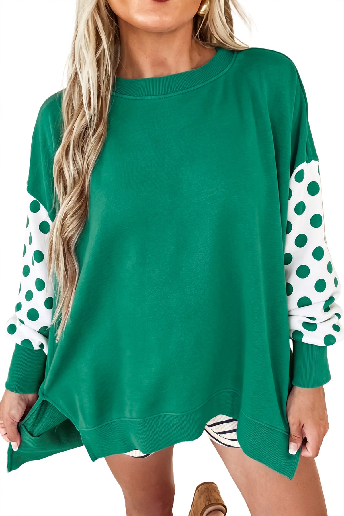 Polka Dot Patchwork Sleeve Crew Neck Loose Pullover Sweatshirt
