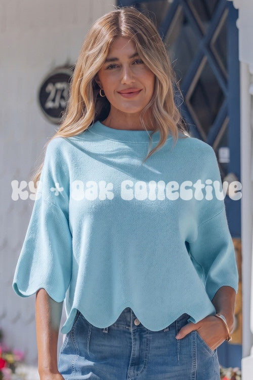 Blue Scalloped Hem 3/4 Sleeve Sweater Top
