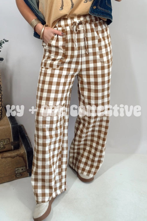 Cotton Gingham Tie Elastic Waist Pants