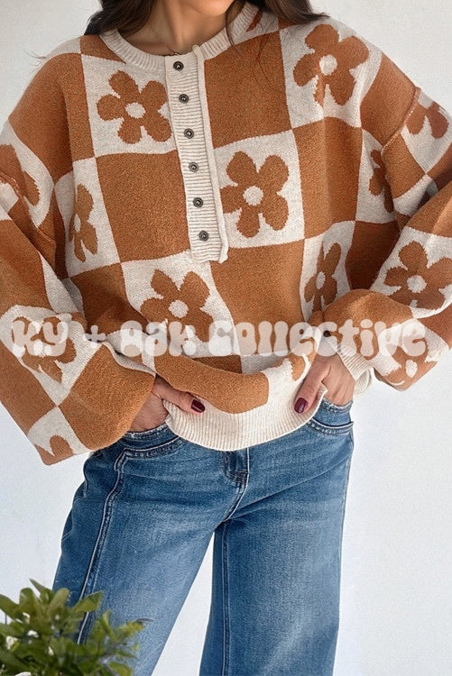 Checkered Flower Henley Baggy Sweater