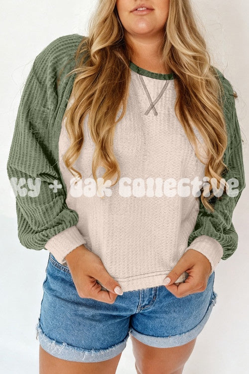 Green + Cream Waffle Knit Long Sleeve Top